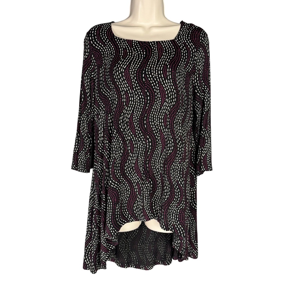 Gudrun Sjoden Womens M Black‎ Pink Dot Dash Print High Low Tunic Top Stretch